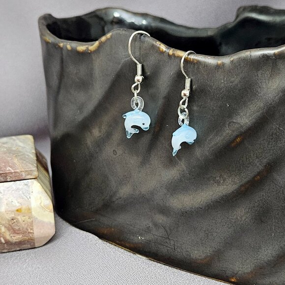 Tiny Blue, Handblown Glass Dolphin Earrings Silver Plate, Coil Ear Wires 1 1/4" - Picture 4 of 7